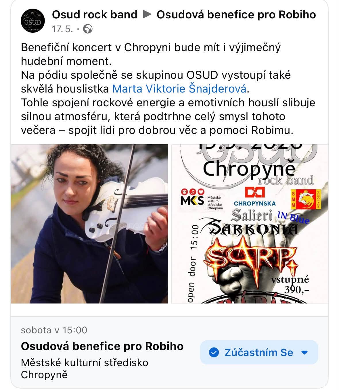 Oznámení kapely Osud o hostování houslistky Marty Viktorie Šnajderové