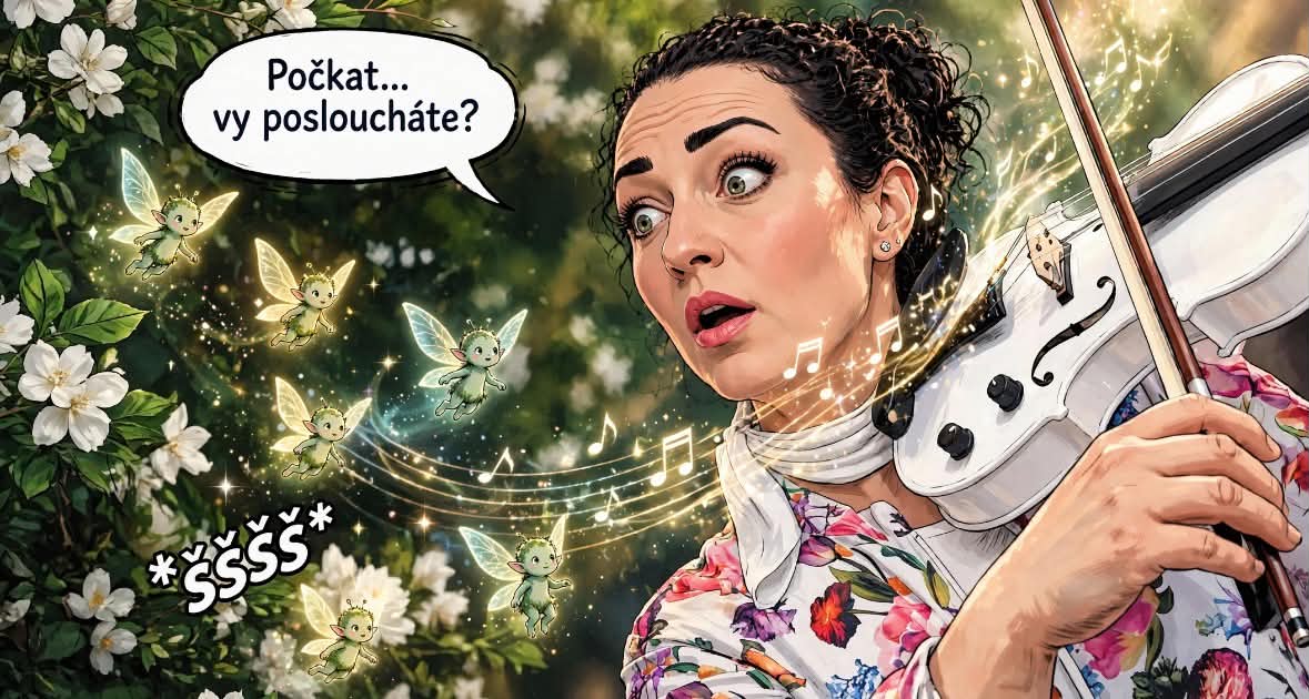K houslistce přilétají malí lesní skřítci. Překvapeně se ptá: Počkat… vy posloucháte? Skřítci ji tiší: Šššš!