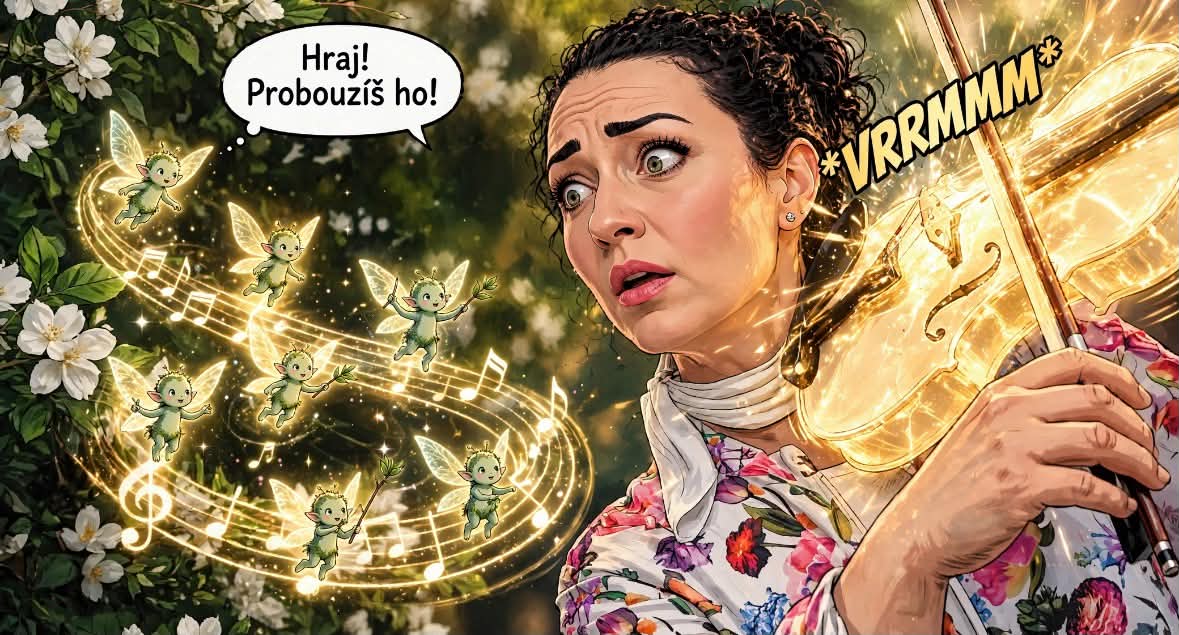 Housle září zlatým světlem a skřítci volají: Hraj! Probouzíš ho! Z nástroje se ozývá hluboké vrčení.