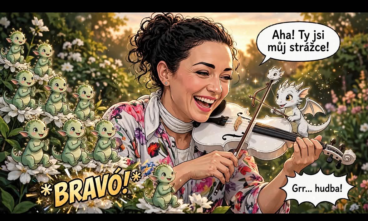 Na houslích sedí malý bílý drak a skřítci tleskají: Bravó! Usměvavá houslistka říká: Aha! Ty jsi můj strážce! Drak odpovídá: Grr… hudba!