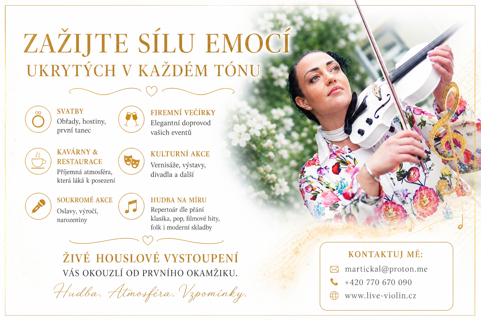 Plakát — Zažijte sílu emocí ukrytých v každém tónu. Živé houslové vystoupení Marty Viktorie Šnajderové.